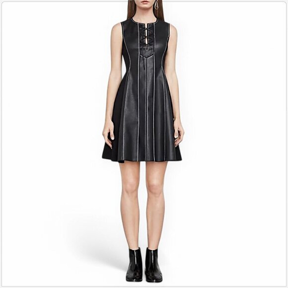 BCBGMaxAzria BCBG Jolee Lace-Up Faux Leather Ponte Knit Flared Dress New NWT L - Picture 1 of 7